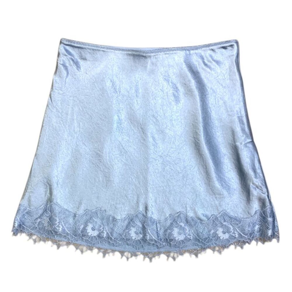 Express Women's Satin Mini Skirt with Scalloped Lace Hem and Eyelash Trim - Blue